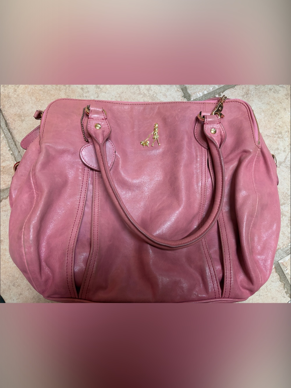 Women's Pink Leather Tote Bag with Gold Accent